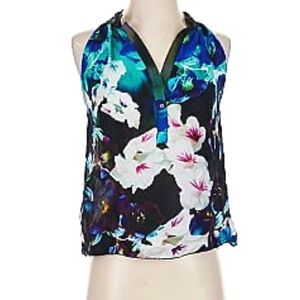 nicole miller  silk Floral V-Neck Blouse - Blue and White